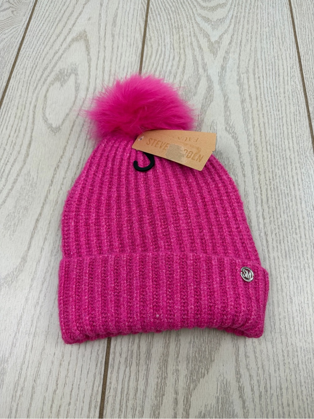 Steve Madden Women's Cloud Knit Faux-Fur Pom Pom Beanie OS Hot Pink $32